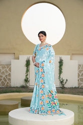 Sky Blue Cotton Saree with Ethnic Motifs and Woven Design