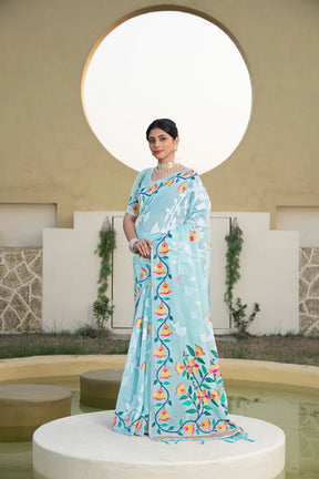 Sky Blue Cotton Saree with Ethnic Motifs and Woven Design