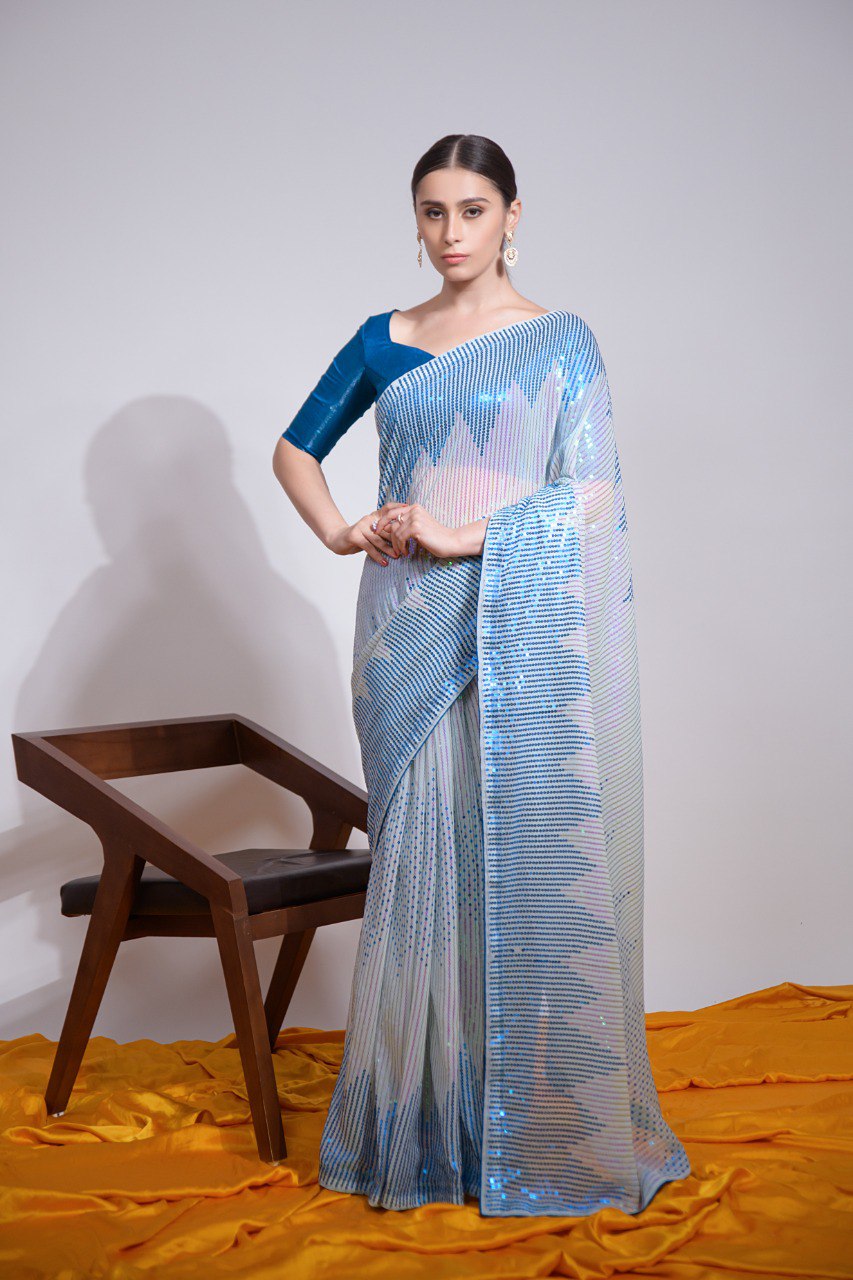 Sky Blue Radiance Soft Georgette Embellishment Saree