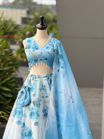 Amazing Party Wear Lehenga Choli – Sky Blue Pure Organza | Vastraan