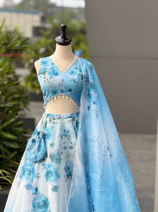 Amazing Party Wear Lehenga Choli – Sky Blue Pure Organza | Vastraan
