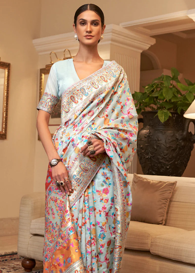 Arctic Charm Ice Sky Woven Kashmiri Banarasi Saree