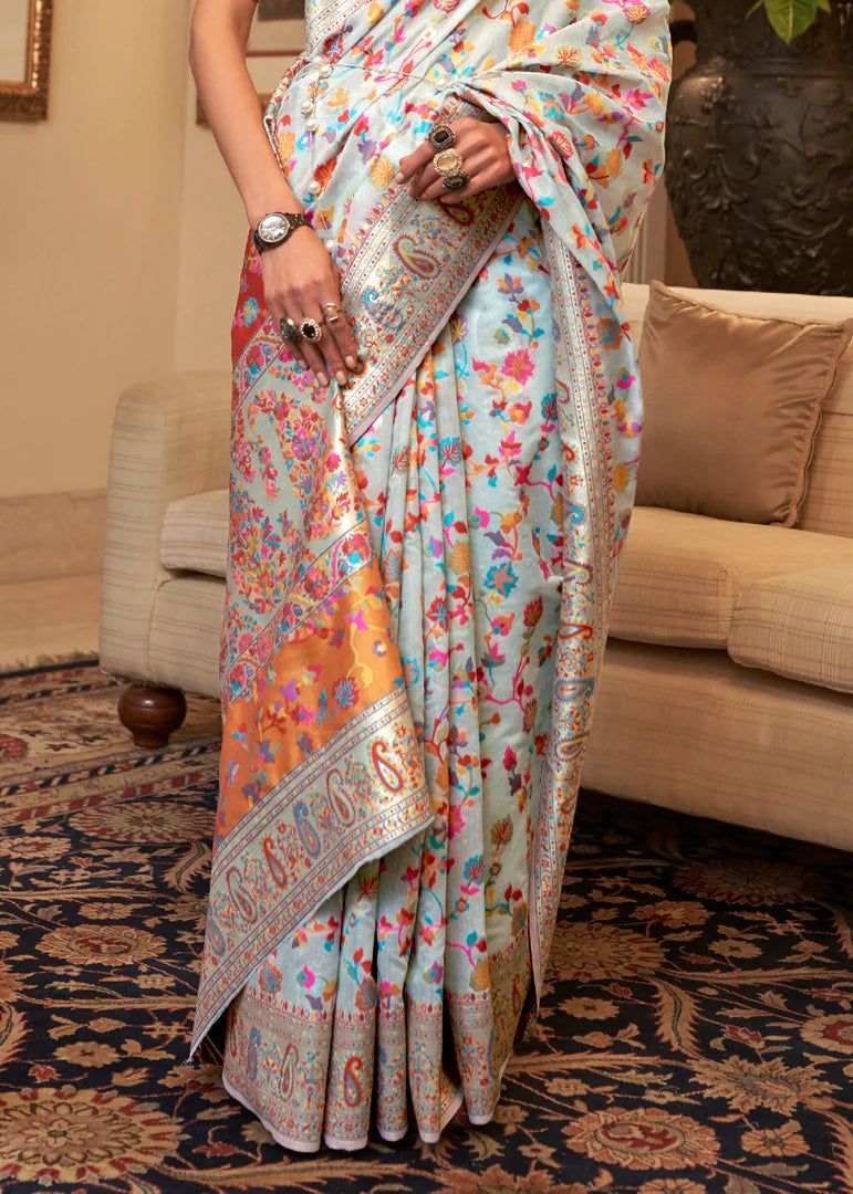 Arctic Charm Ice Sky Woven Kashmiri Banarasi Saree