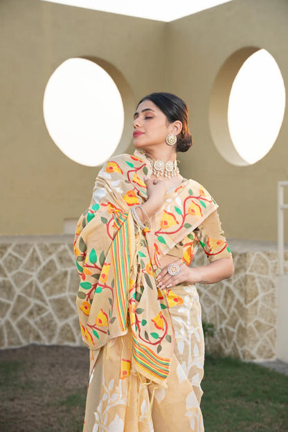 Elegant Beige Cotton Jamdani Saree