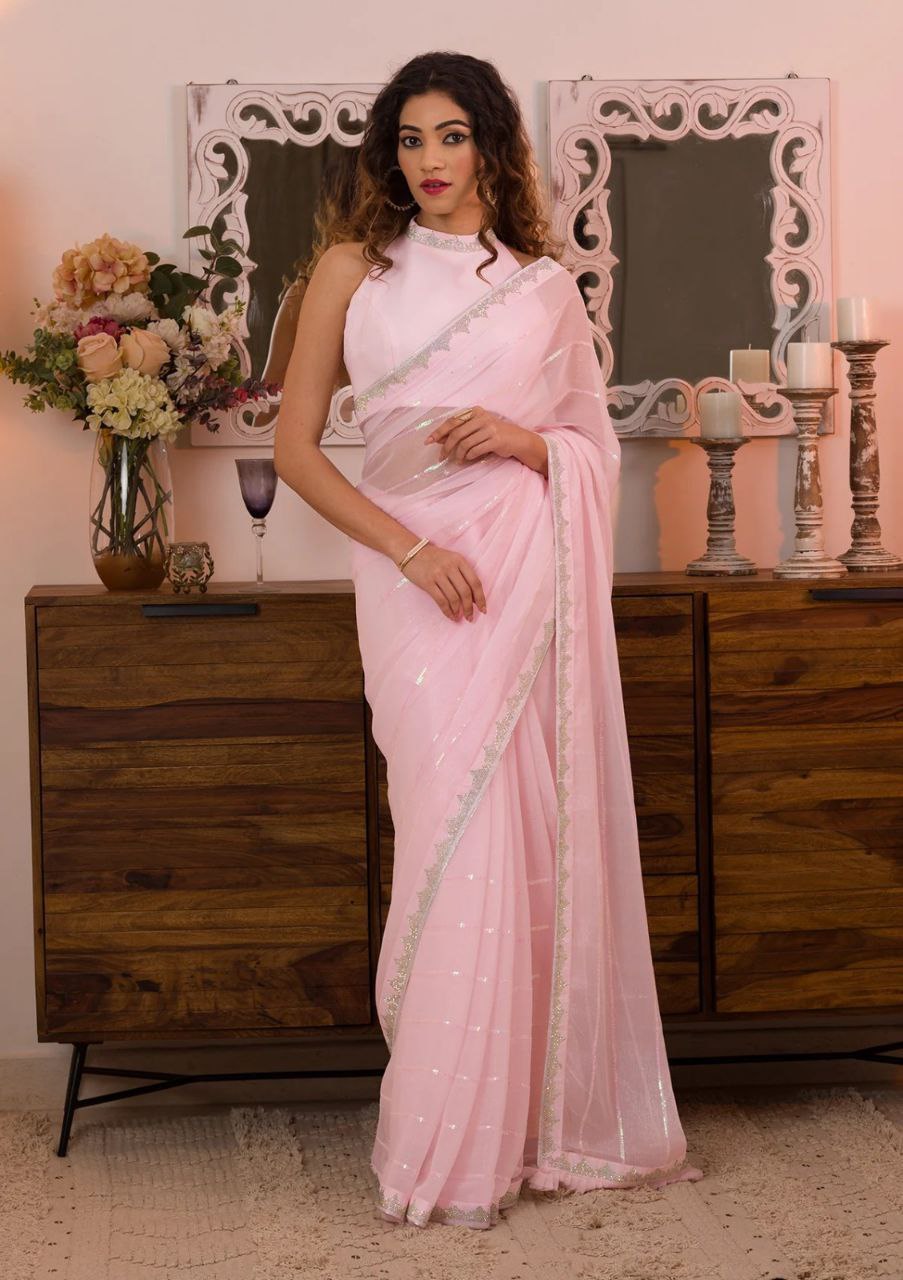 Swarovski Enchantment Heavy Sequence Light Pink Saree