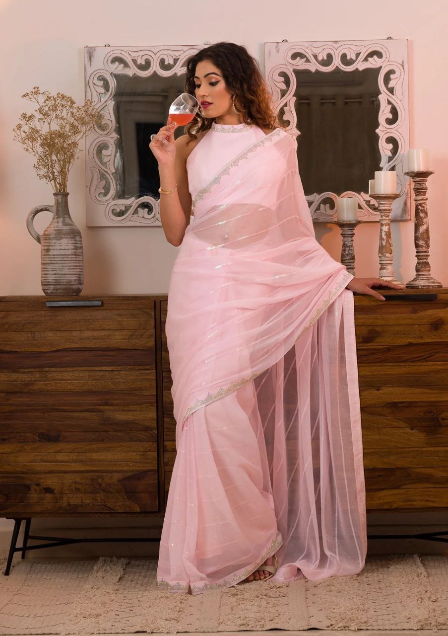 Swarovski Enchantment Heavy Sequence Light Pink Saree