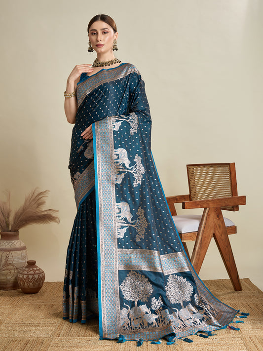 Teal Color Soft Silk Zari Weaving Saree for Wedding And Party