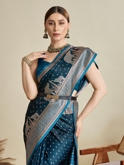 Teal Color Soft Silk Zari Weaving Saree for Wedding And Party