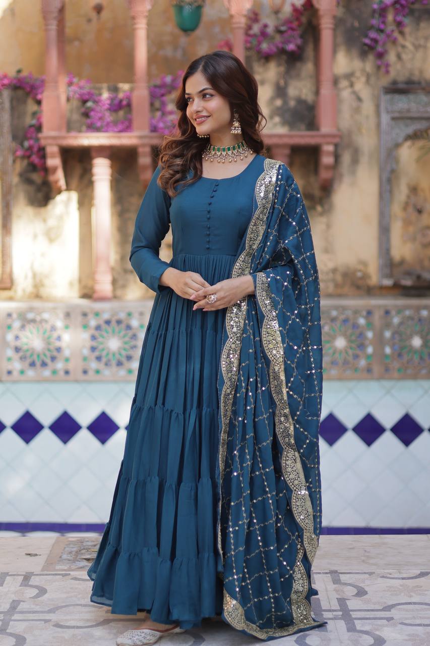 Amazing Teal Color Georgette Frill Work Party Wear Gown