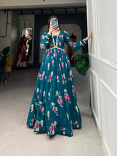 Designer Floral Digital Printed Firozi Color Long Gown