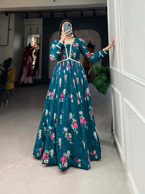 Designer Floral Digital Printed Firozi Color Long Gown