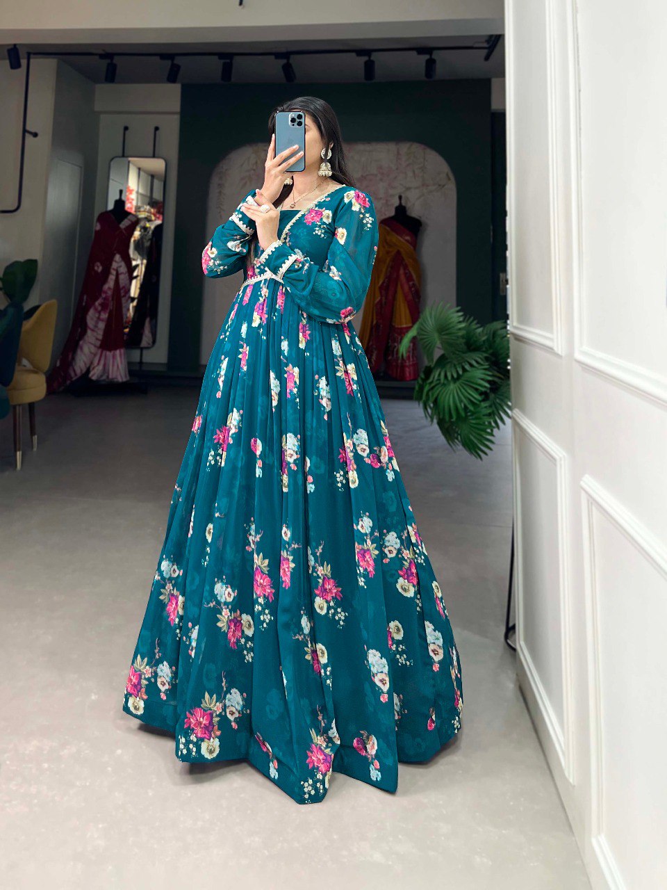 Designer Floral Digital Printed Firozi Color Long Gown