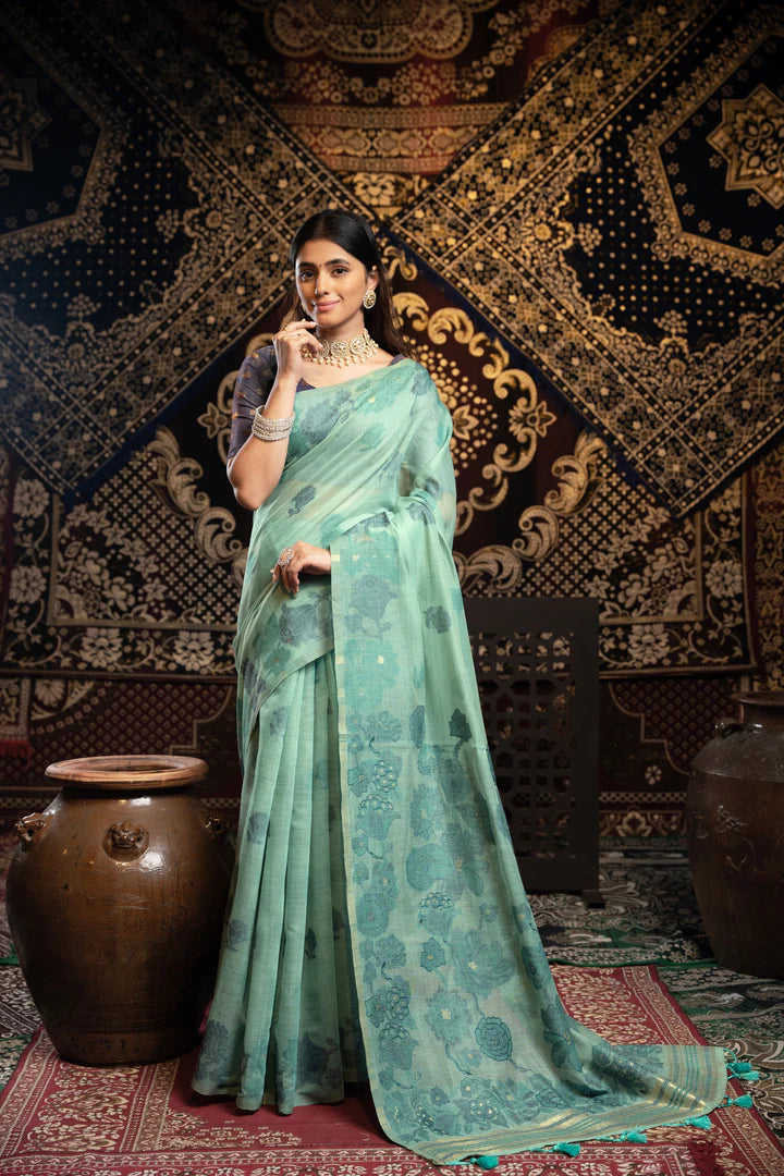 Vastraan Teal Soft Cotton Jamdani Saree