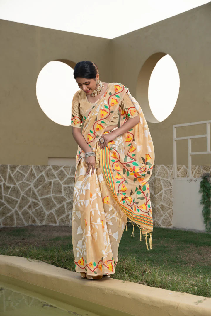 Elegant Beige Cotton Jamdani Saree