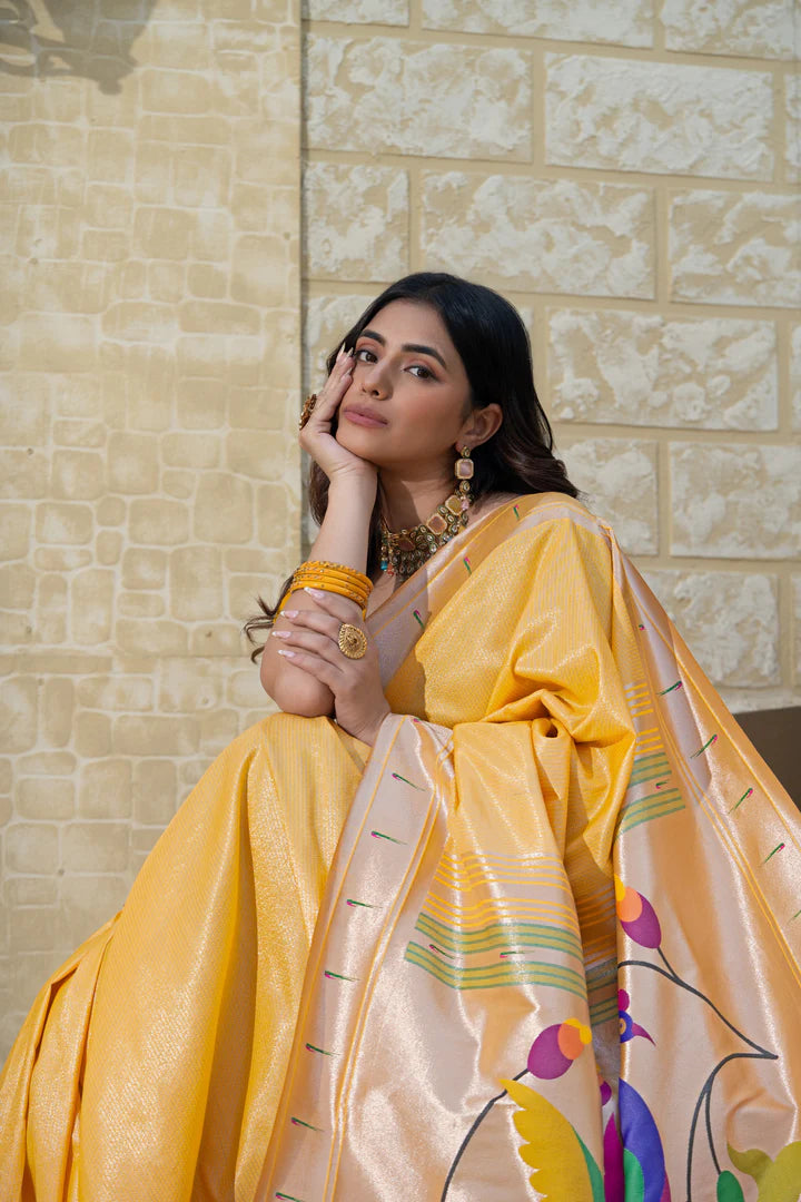 Vibrant Yellow Paithani Silk Saree with Intricate Zari Work