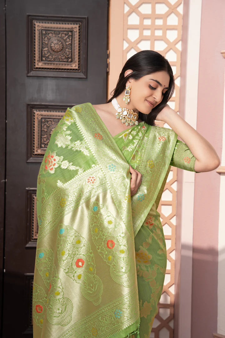 Vastraan Green Cotton Silk Banarasi Saree