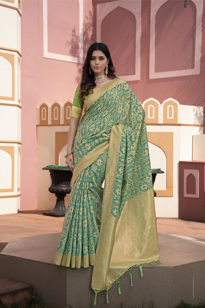 Vastraan Green Ikat Silk Saree – Zari Woven Elegance