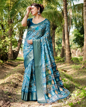 Turquoise Pure Silk Digital Printed Wedding Wear Saree