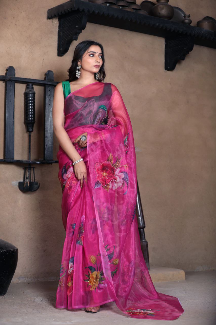 Pink Color Soft Pure Organza Party Wear Saree