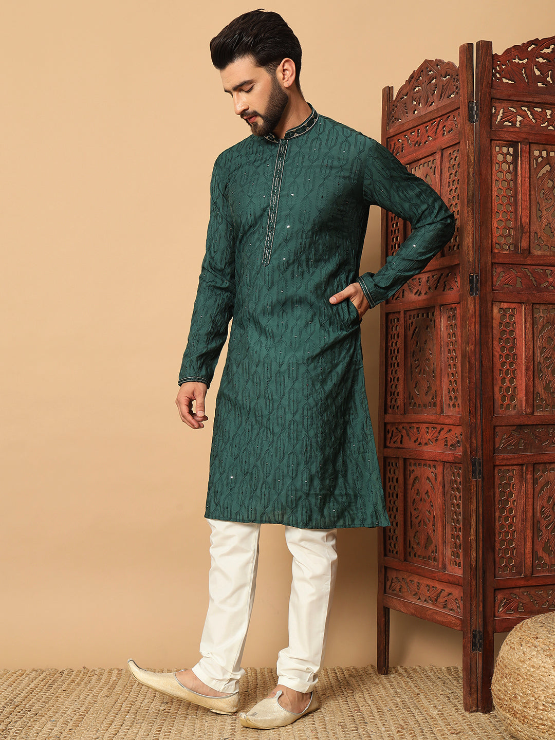 Party Wear Pvr Silk Forest Green Kurta Pyjama