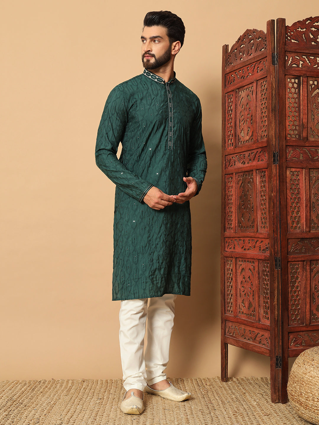 Party Wear Pvr Silk Forest Green Kurta Pyjama