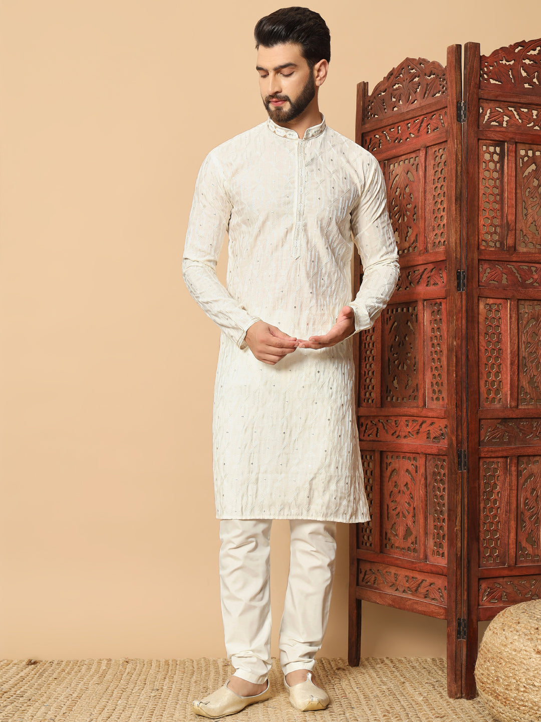 Party Wear Pvr Silk Off White Kurta Pyjama