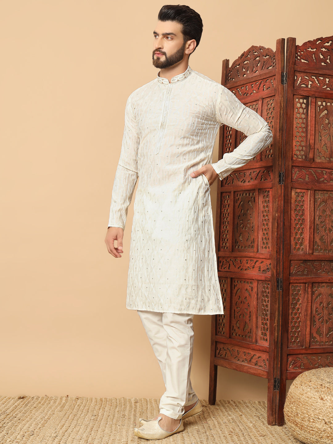 Party Wear Pvr Silk Off White Kurta Pyjama