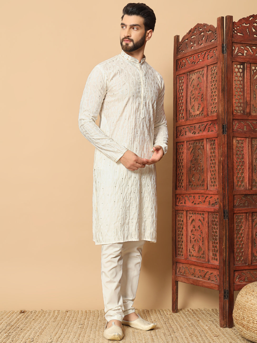 Party Wear Pvr Silk Off White Kurta Pyjama