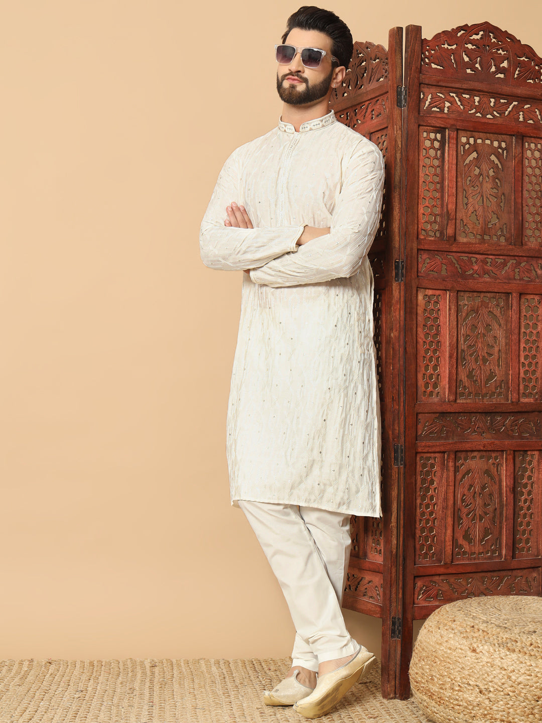 Party Wear Pvr Silk Off White Kurta Pyjama