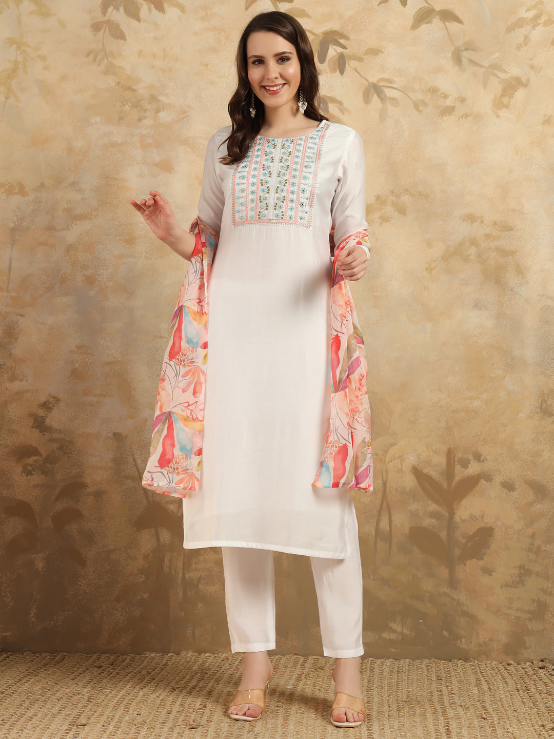 New Off White Color Viscos Chanderi Kurti pant Set