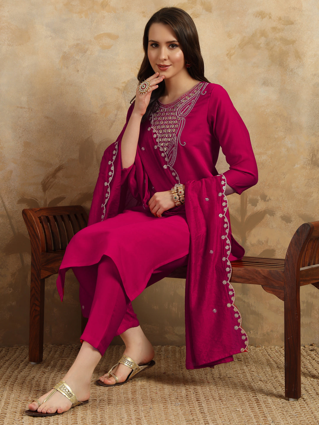 Rani Color Viscoz Chanderi Casual Kurti Pant Set