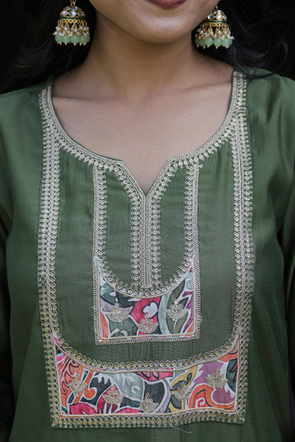 Beautiful Mahendi Color Viscoz Chanderi Kurti Pant Set