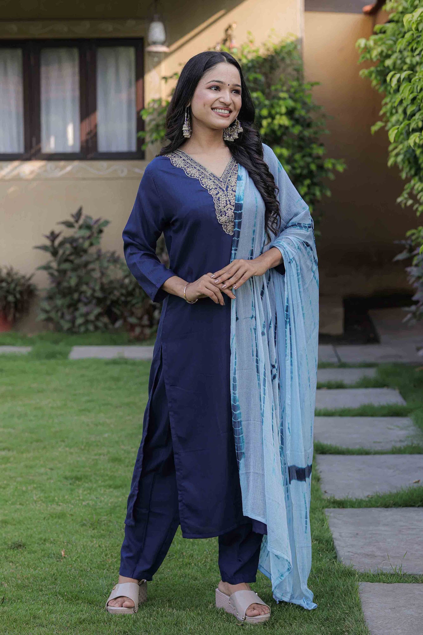 Petrol Color Viscose Slub Kurti Pant Set