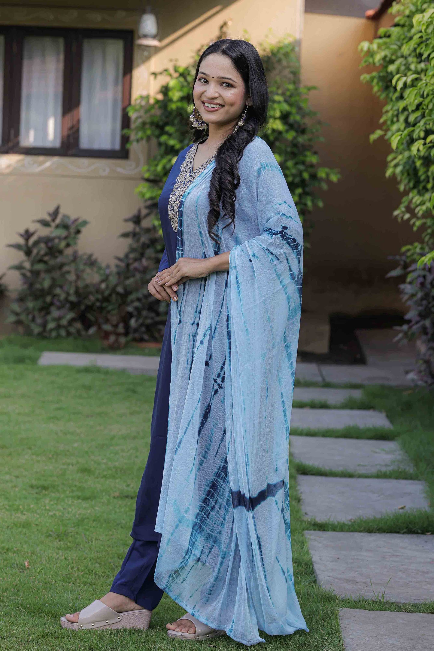 Petrol Color Viscose Slub Kurti Pant Set