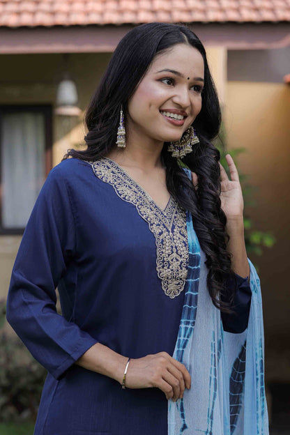 Petrol Color Viscose Slub Kurti Pant Set