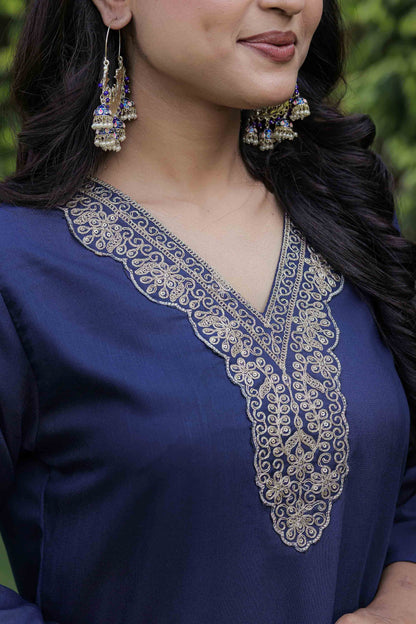 Petrol Color Viscose Slub Kurti Pant Set