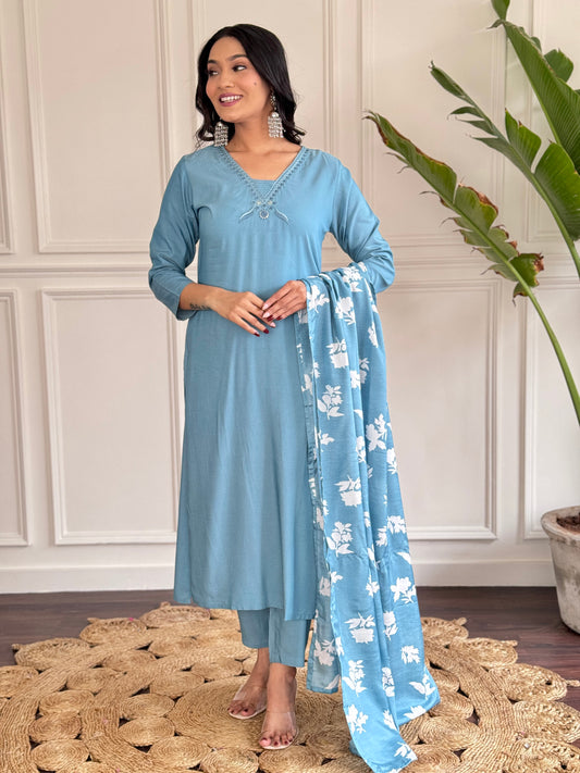 Sky blue Color Viscose Chanderi Casual Kurti Pant Set