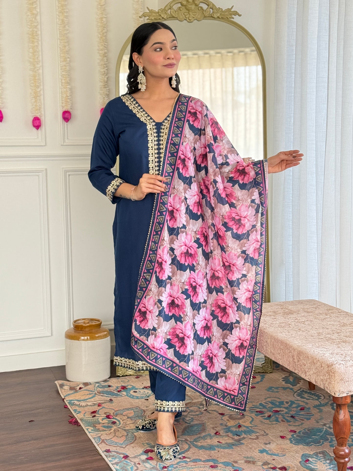 Petrol Color Viscose Slub designer Kurti Pant Set