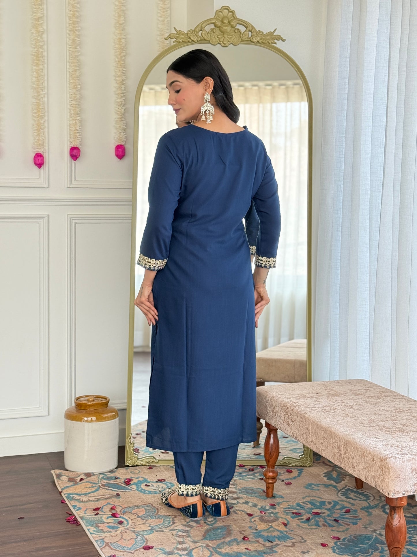Petrol Color Viscose Slub designer Kurti Pant Set
