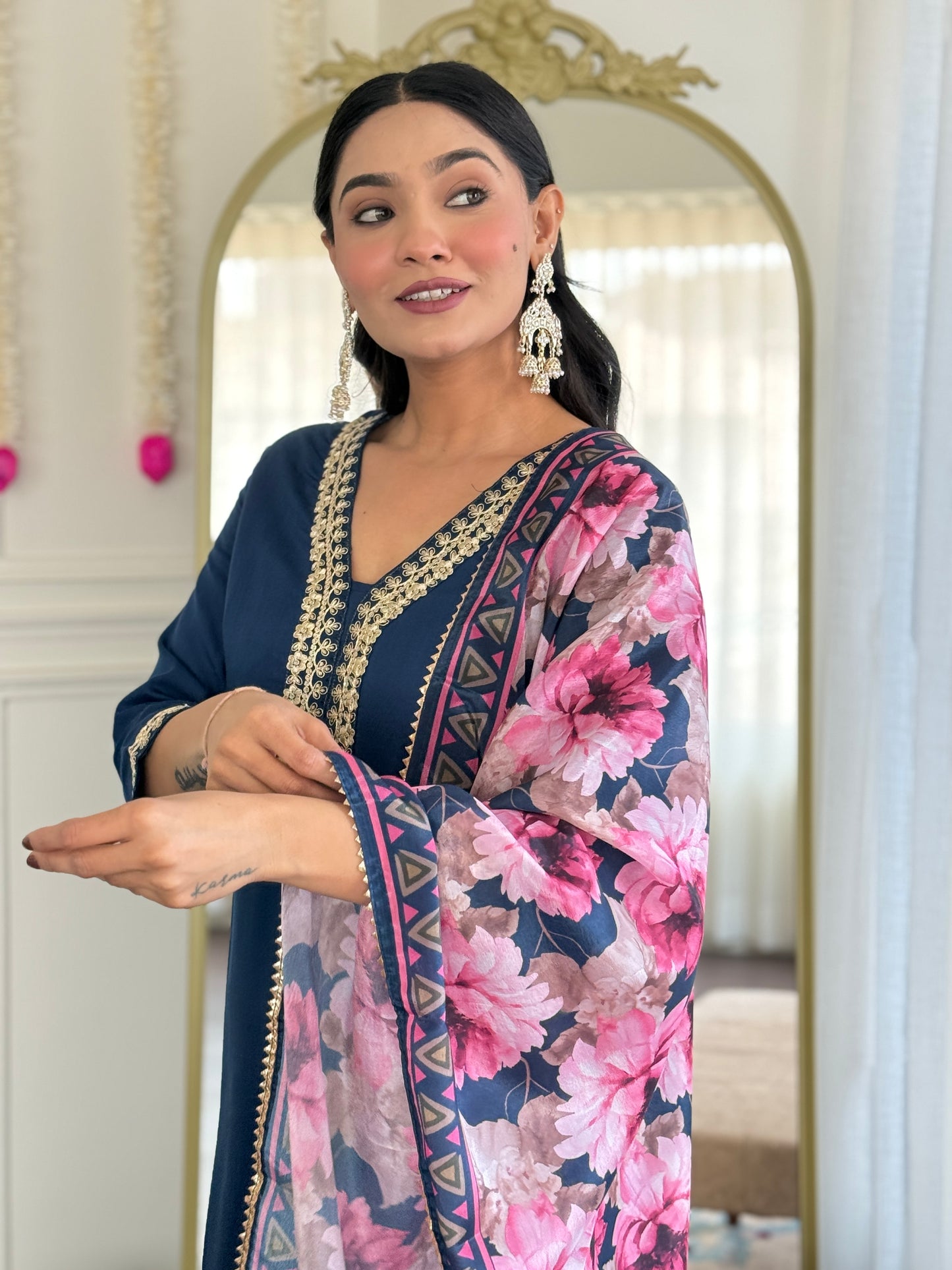 Petrol Color Viscose Slub designer Kurti Pant Set