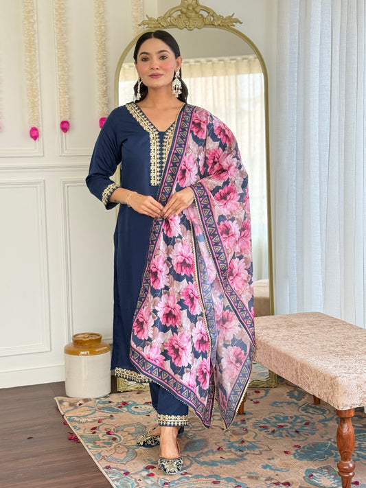 Petrol Color Viscose Slub designer Kurti Pant Set