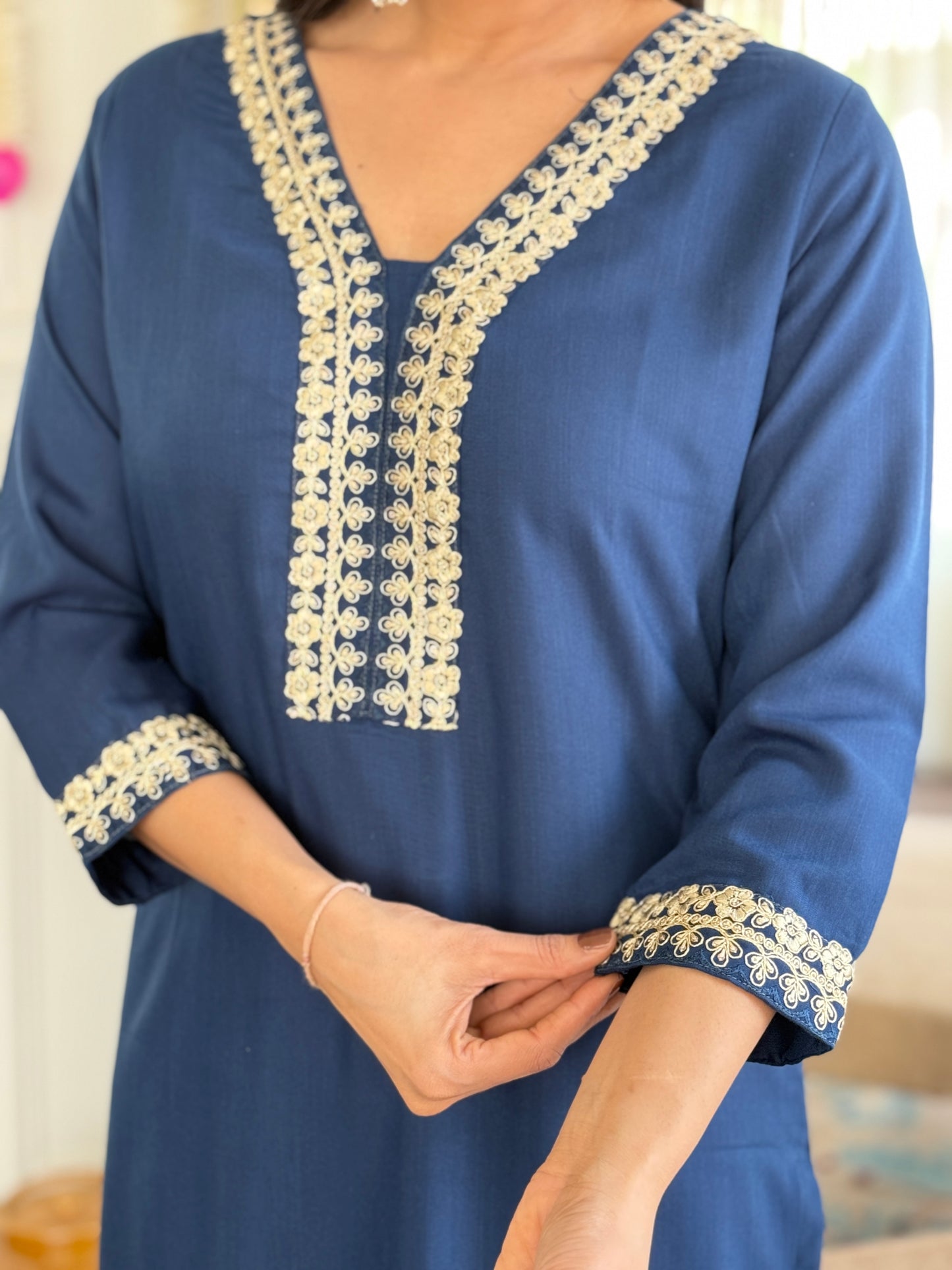 Petrol Color Viscose Slub designer Kurti Pant Set