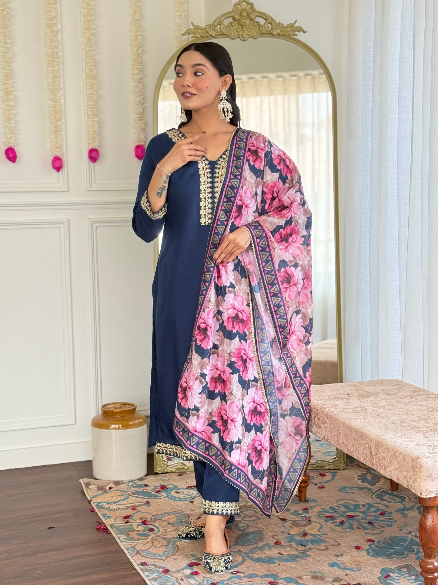 Petrol Color Viscose Slub designer Kurti Pant Set