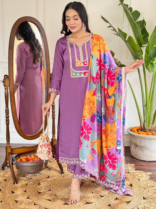 Lavender Color Viscose Slub designer Kurti Pant Set