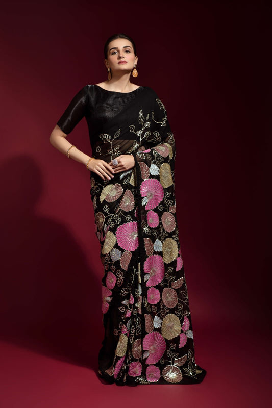 Black Premium Georgette Floral Sequence Saree