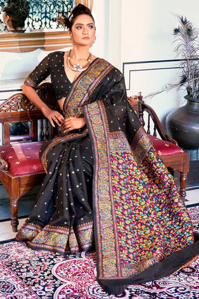 Obsidian Black Pashmina Silk Saree with Ethnic Motifs