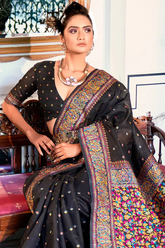 Obsidian Black Pashmina Silk Saree with Ethnic Motifs