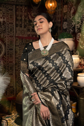 Exquisite Black Banarasi Silk Saree with Zari Woven Motifs