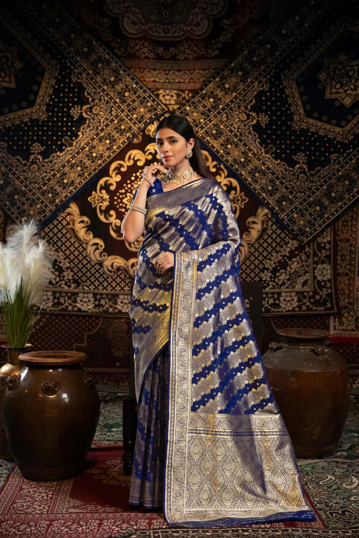 Traditional Blue Banarasi Silk Saree with Zari Work