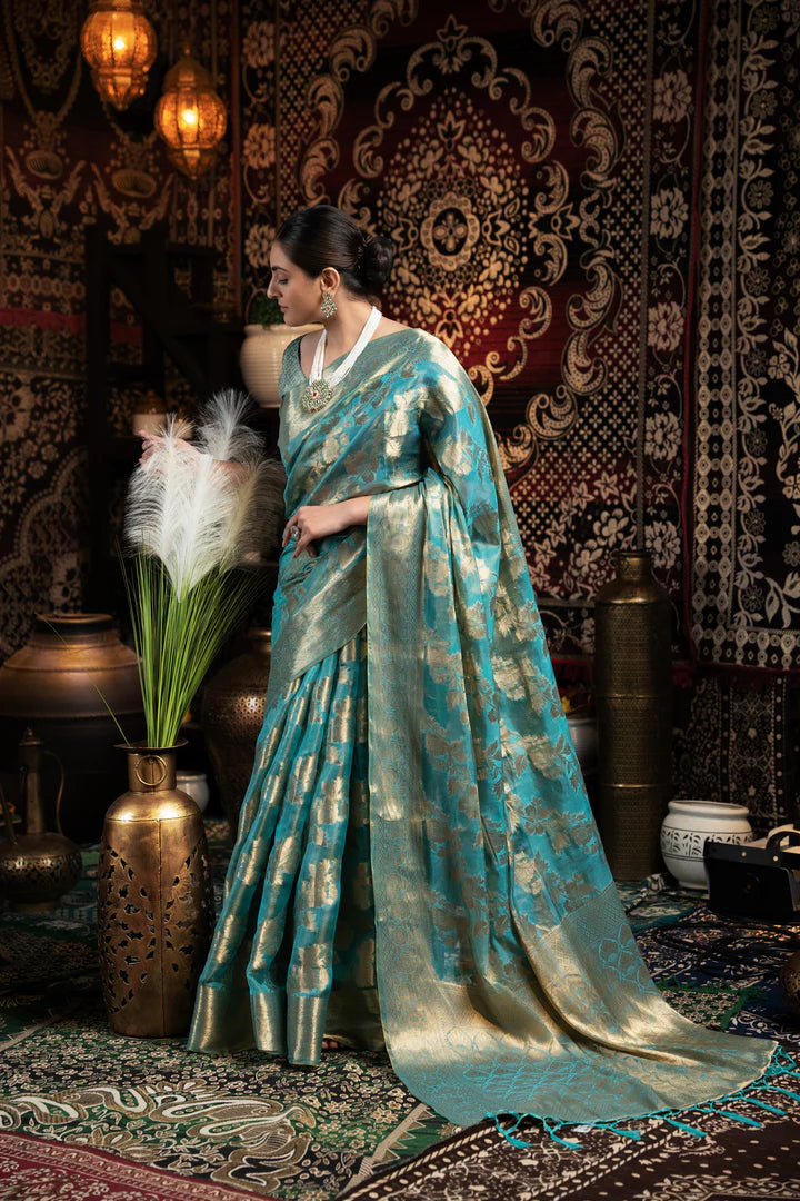 Sky Blue Silk Saree with Intricate Zari Weaving